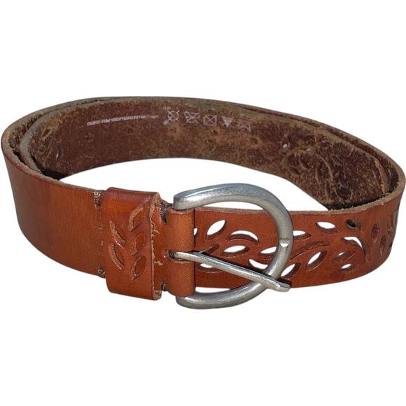 AIGLE Brown Perforated Laser Cut Real Leather Silver Buckle Belt   75 cm / 30 in - Picture 1 of 6